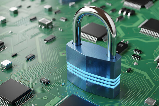 Padlock locking circuit board representing cybersecurity and data protection - Powered by Adobe