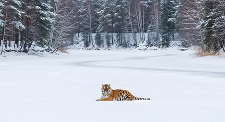 Amur tiger (Siberian tiger) lying down on frozen river ice and s