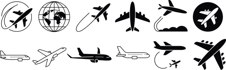 Airplane and aviation icon set featuring global air travel, commercial aircraft, flight paths and transport symbols in black silhouette and outline style design