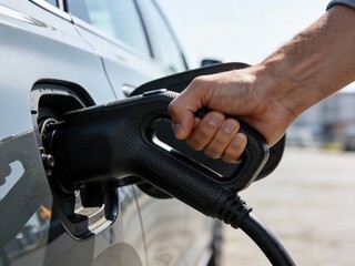 A man is filling up a car with electricity