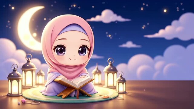 Cute chibi Muslim girl in pink hijab reading Quran under a glowing crescent moon with lanterns at night, a serene spiritual scene.