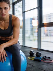 A woman is sitting on a blue exercise ball