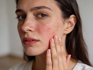 A woman with a red face is touching her face
