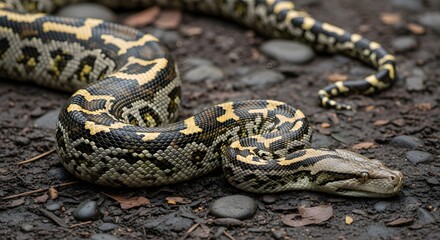 Obraz premium Close-up of a large Reticulated Python snake resting on dark, da