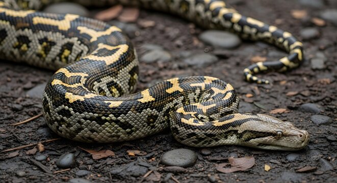 Close-up of a large Reticulated Python snake resting on dark, da