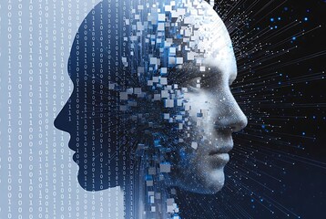 Abstract digital human head dissolving into binary code and data cubes, representing AI and technology