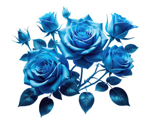 A Cluster of Vibrant Blue Roses with Dark Leaves on a Black Background rose bouquet