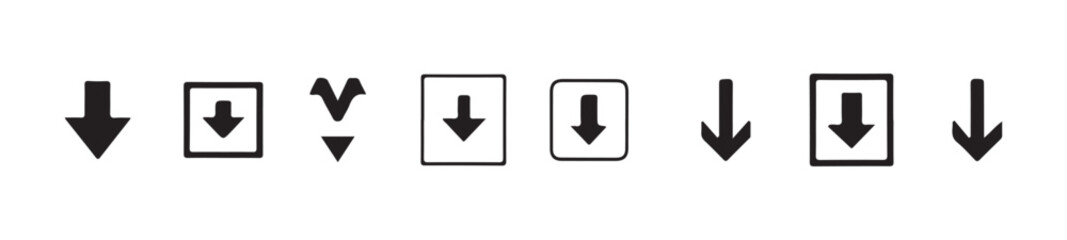Fototapeta premium Group of eight downward pointing arrow symbols in filled and outlined square boxes for application use