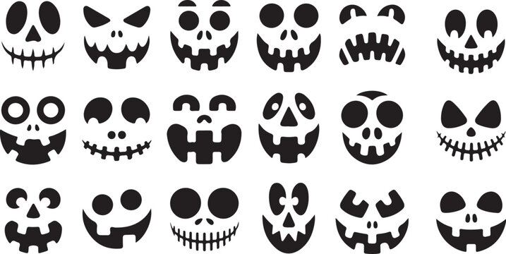 Set of scary halloween pumpkin faces on transparent background. spooky jack o lantern