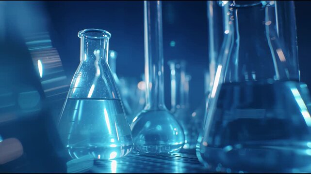 Serene Laboratory Scene Featuring Glass Beakers Filled with Clear Liquid and