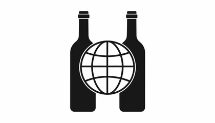 Conceptual illustration of two wine bottles with a globe in the center.