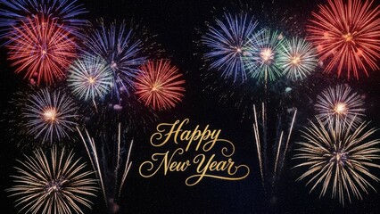 Colorful fireworks celebrate happy new year greeting with festive sparkles