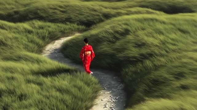 女性が着物で草の小径を進む