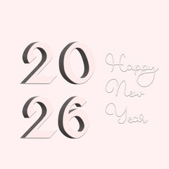 A sophisticated 2026 New Year design featuring bold 3D numbers with subtle shadows. Paired with delicate script "Happy New Year" text on a clean, minimalist light blush pink background.