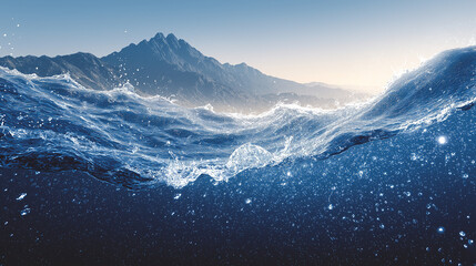 Oceanic Majesty: A mesmerizing view capturing the raw power and serene beauty of the ocean. Witness the endless dance of the waves, framed by the majestic silhouettes of distant mountains.