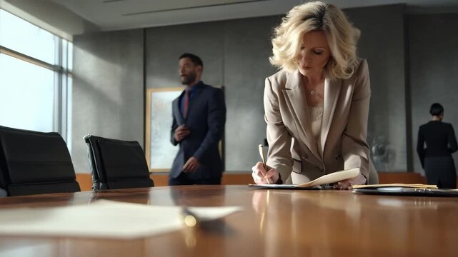 Medium shot of an inperson legal deposition highlighting an attorney reviewing notes while interacting with a witness in a welllit conference room.