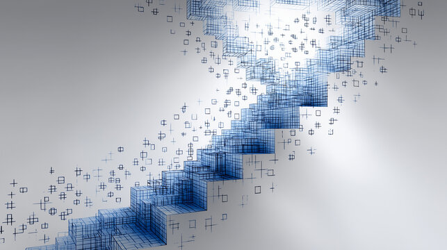 Stairway to Success: A futuristic representation of upward progress, with a blue, digitally rendered staircase ascending towards a bright source of illumination. The image signifies growth.