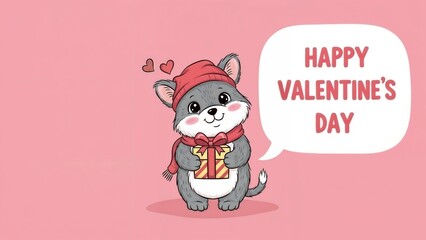 A cartoon mouse in red hat and scarf holding a gift box with Happy Valentine's Day text on pink, great for children's Valentine cards, cute character designs, and playful holiday merchandise.