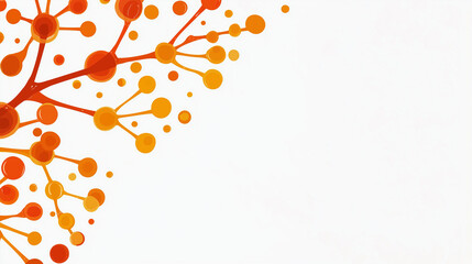 Molecular Network: A vivid, abstract network of interconnected orange and yellow spherical nodes extends across the corner of the frame.