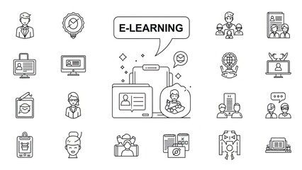 E-learning icons set, online education, digital learning, technology, communication, business, study, modern concepts
