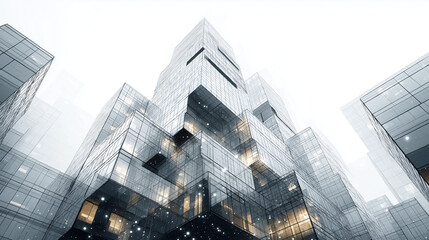 Modern Metropolis: A striking view of contemporary architecture, the image showcases the soaring lines and intricate glass facades of modern skyscrapers reaching towards the sky.