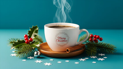 A steaming Merry Christmas coffee cup on a wood coaster with holly, berries, pine, and a bell on teal, perfect for holiday caf&eacute; promotions, festive drink photography, and cheerful seasonal still life.