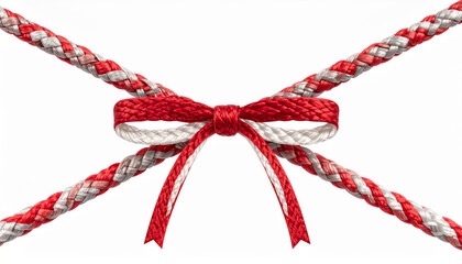 Decorative red and white twisted rope with glossy patterned bow, festive and elegant presentation.