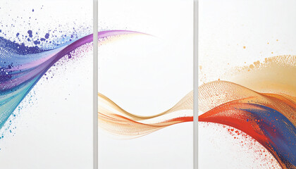 Modern abstract triptych artwork with flowing wave patterns across three vertical panels in cool, neutral, and warm tones.