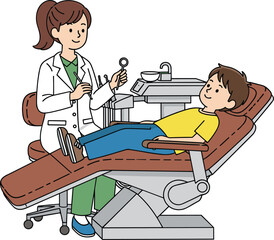 Cartoon dentist examining child in dental chair, healthcare scene, oral hygiene check-up, pediatric care concept - flat vector illustration