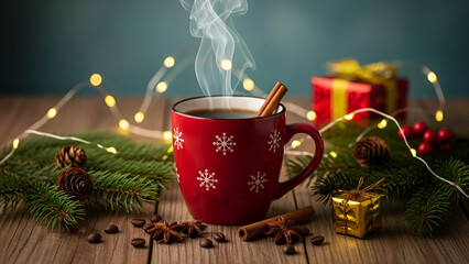 A red mug with snowflakes steaming among coffee beans, cinnamon sticks, and pine branches with lights and a gift box, suitable for cozy winter beverage ads, holiday kitchen decor