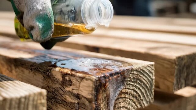 Shot focusing on the careful application of a borate solution to timber highlighting ecofriendly preservation techniques to prevent wood deterioration.