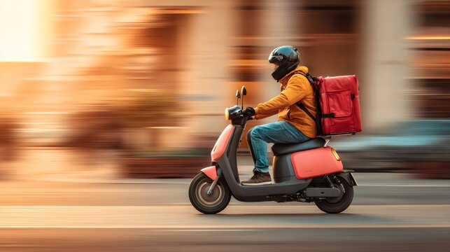 Fototapeta Courier delivering food on scooter with motion blur