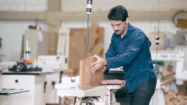 Focused woodworker using a jointer machine to smooth and flatten a wooden plank. Male artisan crafting furniture in his carpentry workshop