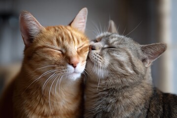 Adorable bonding moment between two domestic cats showing affection