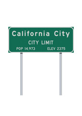 Vector illustration of the California City (California) entering green road sign on metallic posts