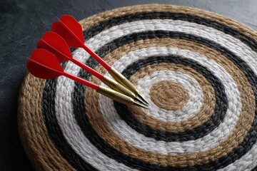 Red darts on handmade bullseye target with perfect accuracy