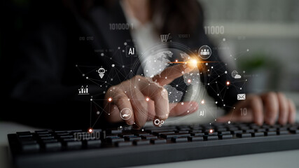 Global AI-powered digital network ecosystem connecting data, finance, analytics, ecommerce, communication, and automation across continents through technology and cloud Latch