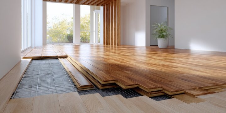 Modern living room with hardwood floor installation in progress