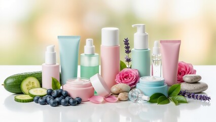 Skincare products with fresh blueberries, cucumber, and lavender on white, ideal for natural beauty branding, organic product launches, and holistic wellness visual themes.