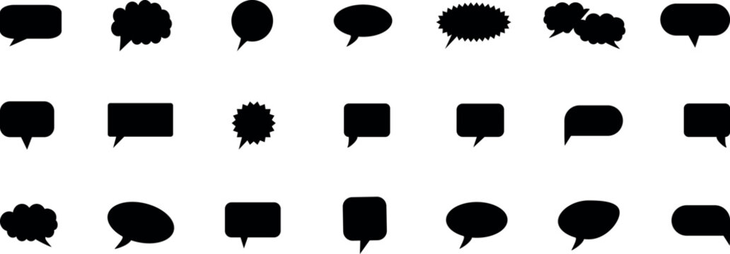 Black speech bubble collection. Speech empty balloon. Bubble sticker, conversation sketch balloons and comic text elements vector isolated set.