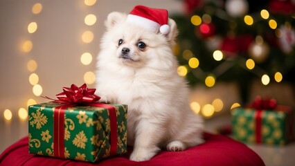 Fluffy white puppy in red Santa hat sitting on a red cushion with gift in front of blurred Christmas tree, ideal for holiday pet promotions, festive animal portraits, and seasonal advertising.