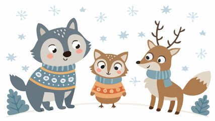 Obraz premium Adorable winter animals in cozy sweaters and scarves play together