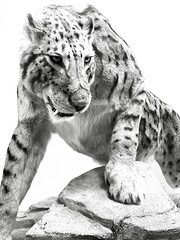Powerful black and white image of a snow leopard in a strong, confident pose. Minimalist composition symbolizing strength, leadership, focus, and determination, with copy space for premium design use.