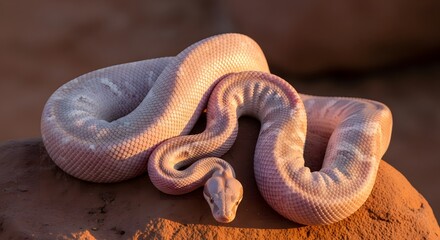 Fototapeta premium Pale pink python or boa snake coiled on reddish rock surface dur