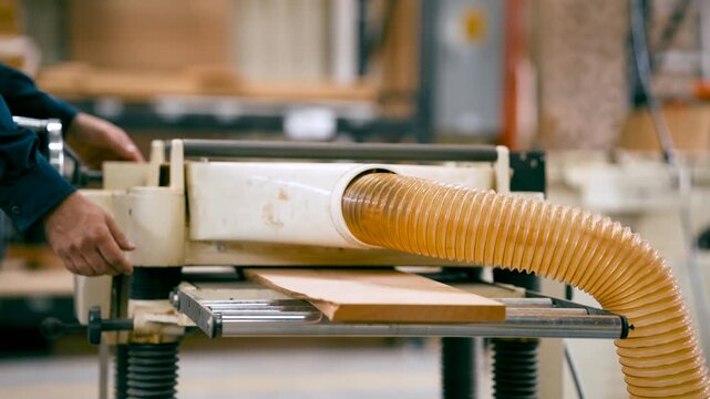 Professional woodworker processing a wooden plank with a thickness planer machine. Detail of the industrial equipment in a carpentry workshop