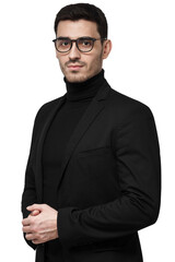 Serious professional businessman in black suit and turtleneck with glasses