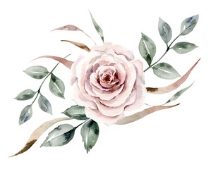 Soft Pink Watercolor Rose with Green and Brown Leaves on Black pink rose floral illustration