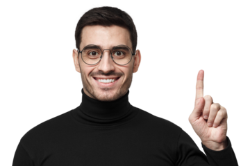 Cheerful businessman pointing finger up showing idea or solution in black turtleneck with glasses