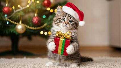 A cute kitten in a Santa hat holding a wrapped gift in front of a Christmas tree, great for holiday pet cards, festive family photos, and adorable seasonal social media content.