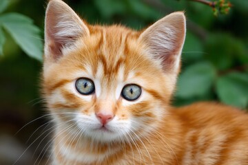 Fototapeta premium Ginger kitten staring with green eyes outdoors